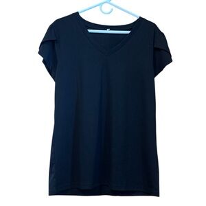 Black V-Neck Flutter Sleeve Blouse Top Size Medium Minimalist Classic